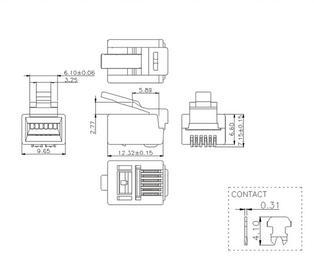 Cat.3 UTP 6P6C RJ12 Modular Plug drawing ,telephone 6p6c plug factory, telephone rj12 connector china manufacturer,